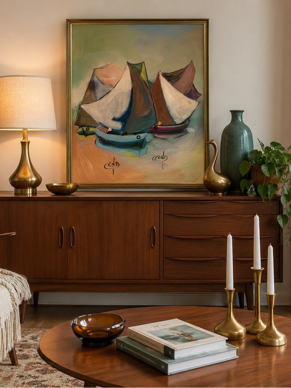 Vintage Mid-Century Modern Sailboat Oil Painting